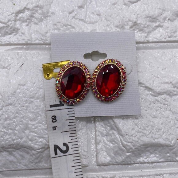Womens Fashion Red Rhinestone Oval Post Earrings Gold Plated Multicolor Accents - Picture 3 of 6